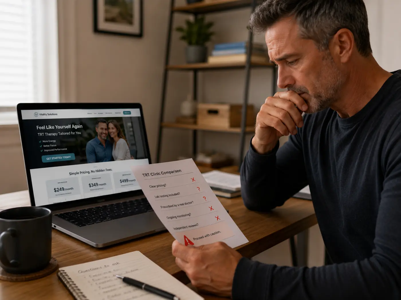 Man reviewing healthcare information while comparing telehealth and in-person TRT care options